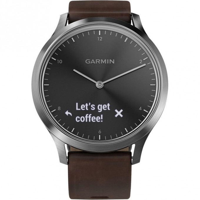 Часы GARMIN VIVOMOVE HR серебряные с темно-коричневым кожаным ремешком 010-01850-24